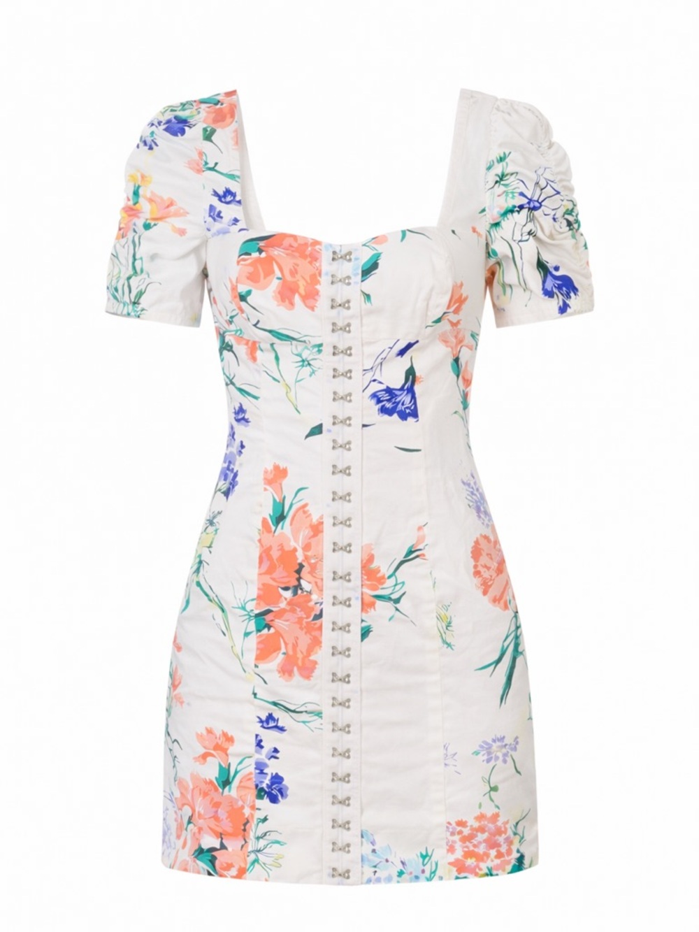 Urban Outfitters White Mini Dress with Coral & Blue Floral Print - Picture 2 of 9